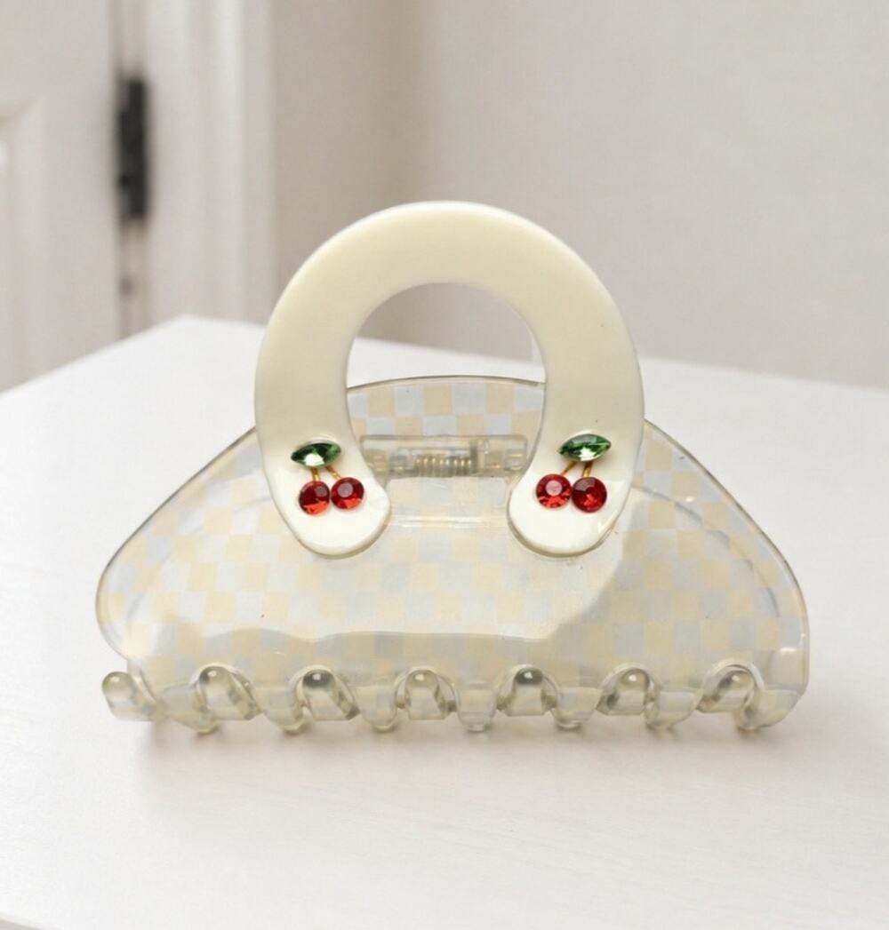 Acetate Checkered Cherry Rhinestone Hair Claw Clip